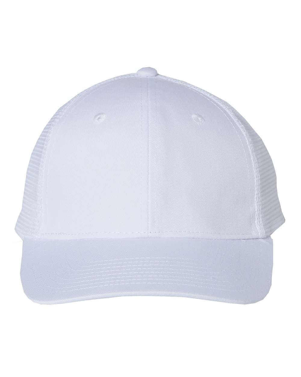 Front View of White Mesh-Back Twill Trucker Cap - VC400