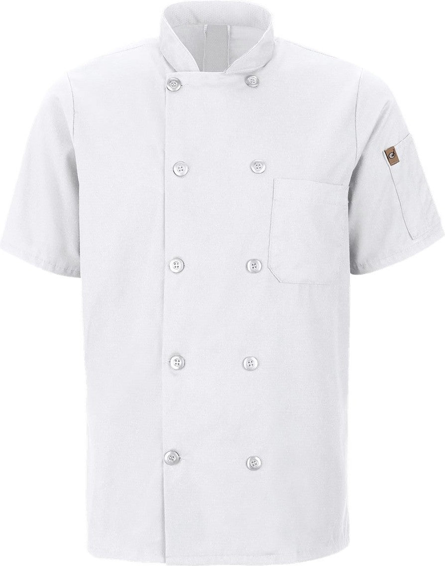 Front View of White Mimix™ Short Sleeve Chef Coat with OilBlok - 046X