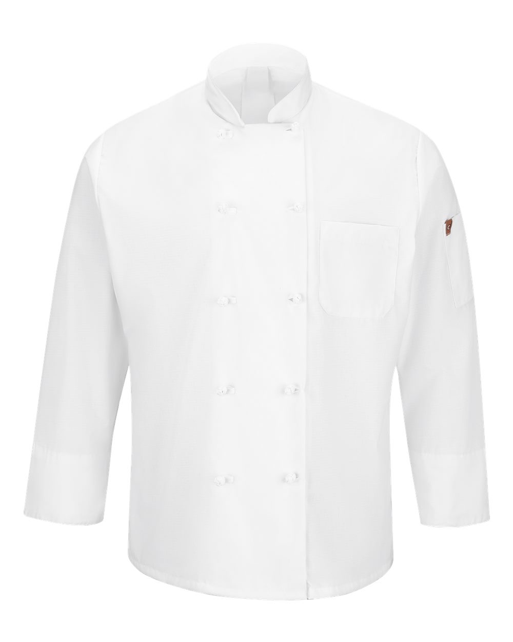 Front View of White Mimix™ Ten Knot Button Chef Coat with OilBlok - 044X