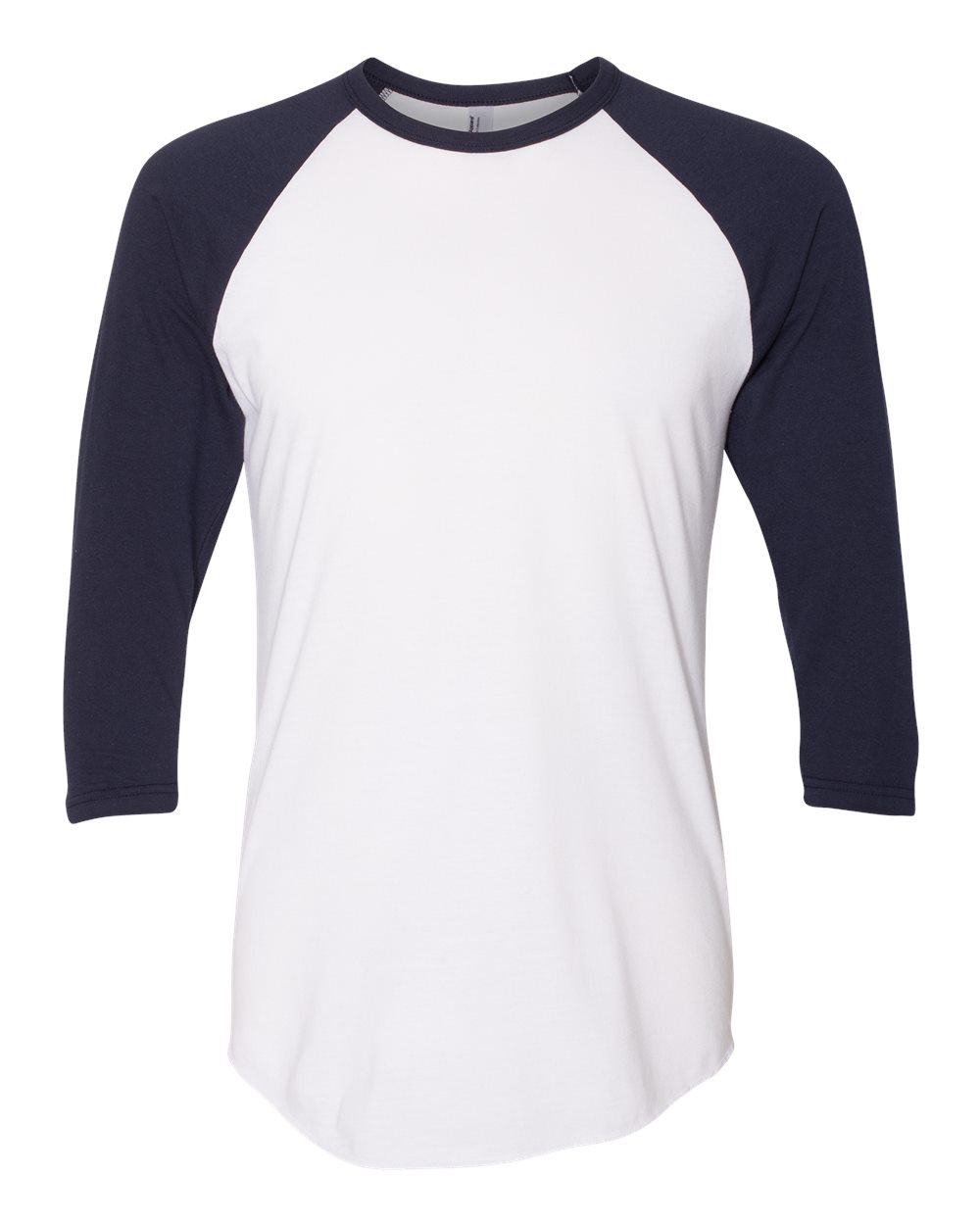 Front View of White/ Navy 50/50 Raglan Three-Quarter Sleeve Tee - BB453W