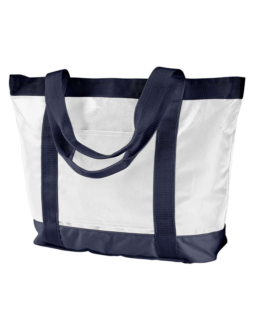 Front View of White/ Navy All-Weather Tote - BE254