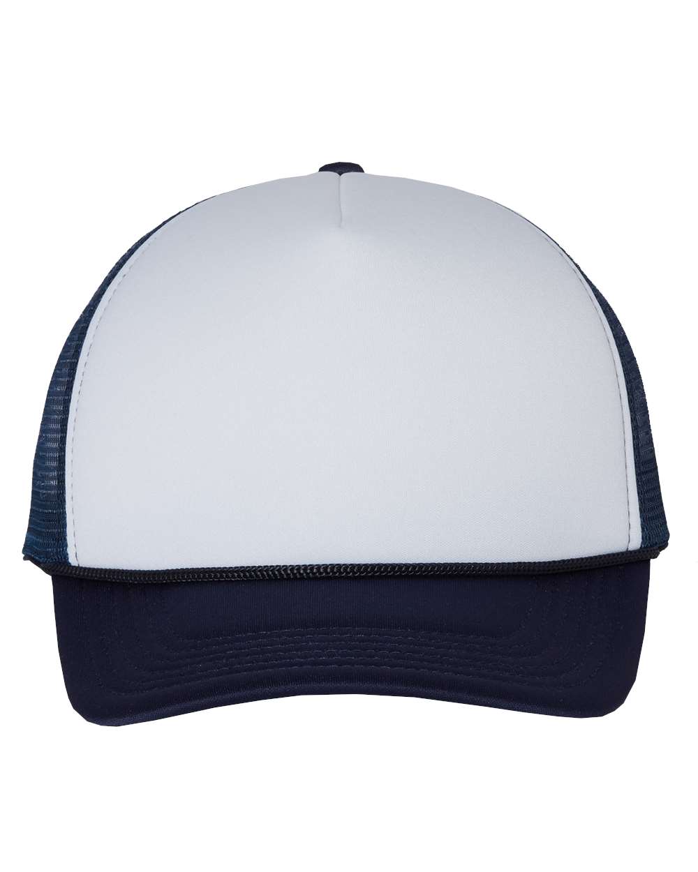 Front View of White/ Navy Foam Mesh-Back Trucker Cap - VC700