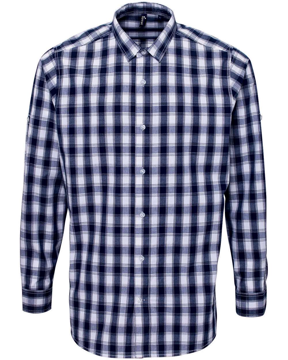 Front View of White/ Navy Men's Mulligan Check Cotton Shirt - RP250
