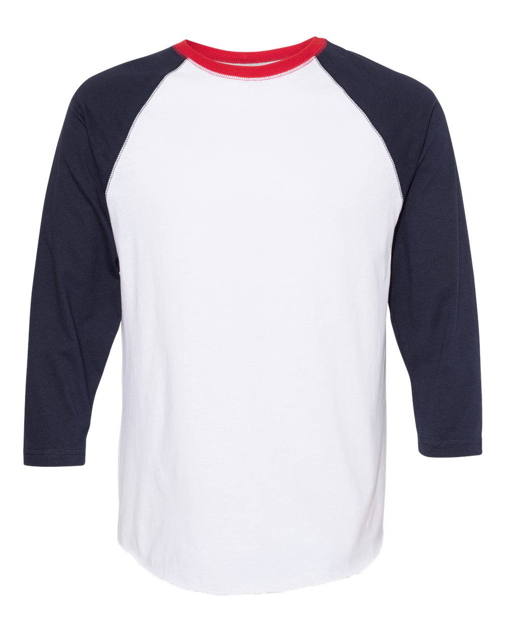 Front View of White/ Navy/ Red Baseball Fine Jersey Three-Quarter Sleeve Tee - 6930