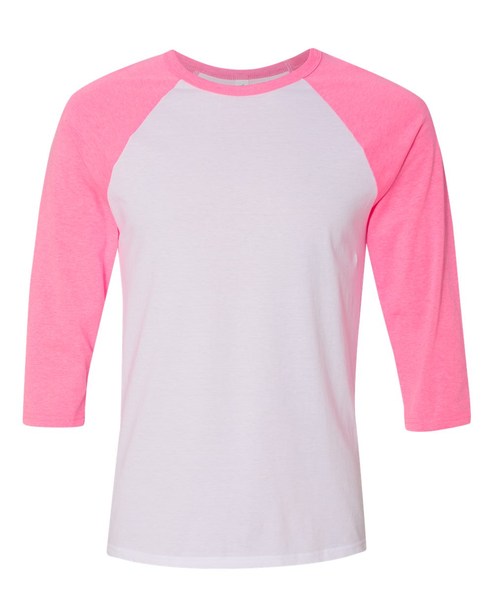 Front View of White/ Neon Pink Three-Quarter Sleeve Baseball Tee - 3200