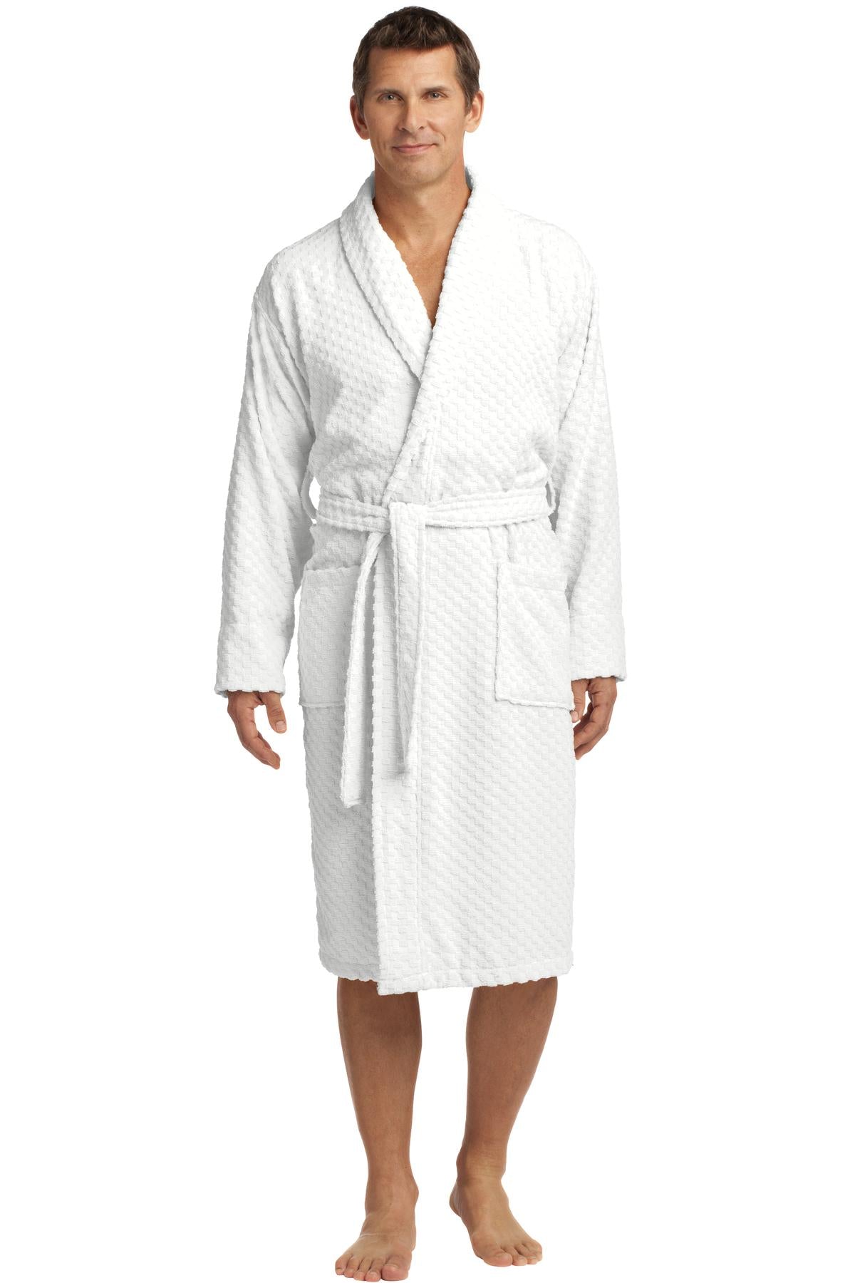 Front View of White Port Authority Checkered Terry Shawl Collar Robe. R103