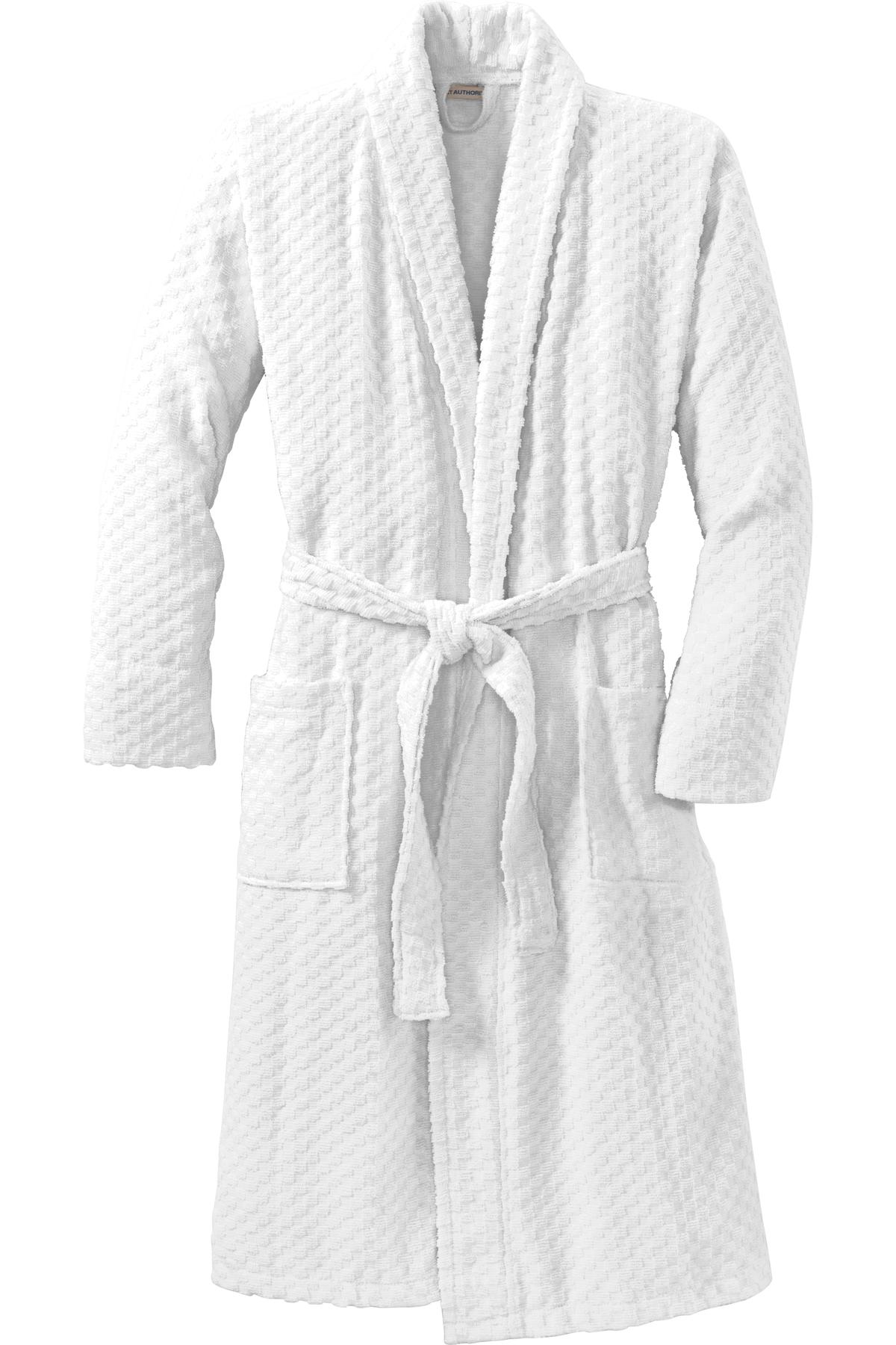 Front View of White Port Authority Checkered Terry Shawl Collar Robe. R103