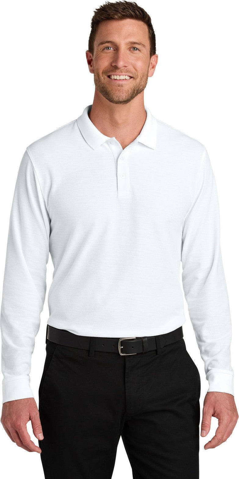 Front View of White Port Authority Wearever Signature Pique Long Sleeve Polo K200LS