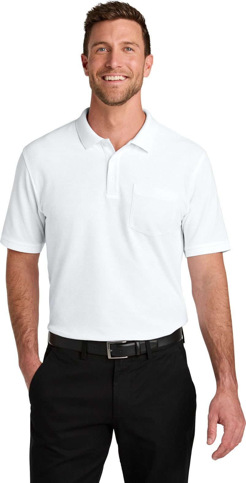 Front View of White Port Authority Wearever Signature Pique Pocket Polo K200P