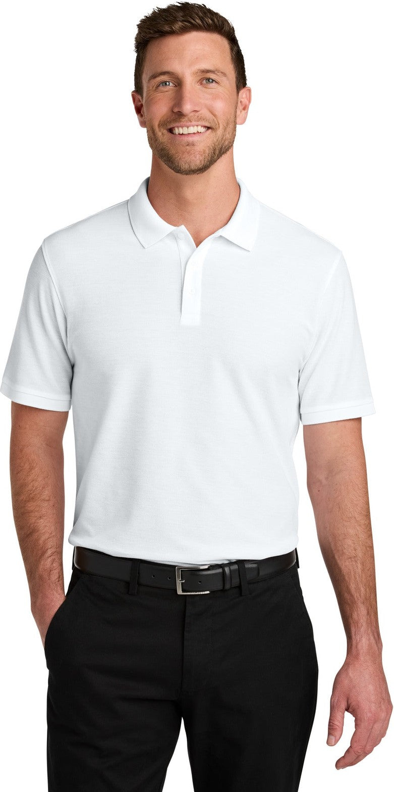Front View of White Port Authority Wearever Signature Pique Polo K200