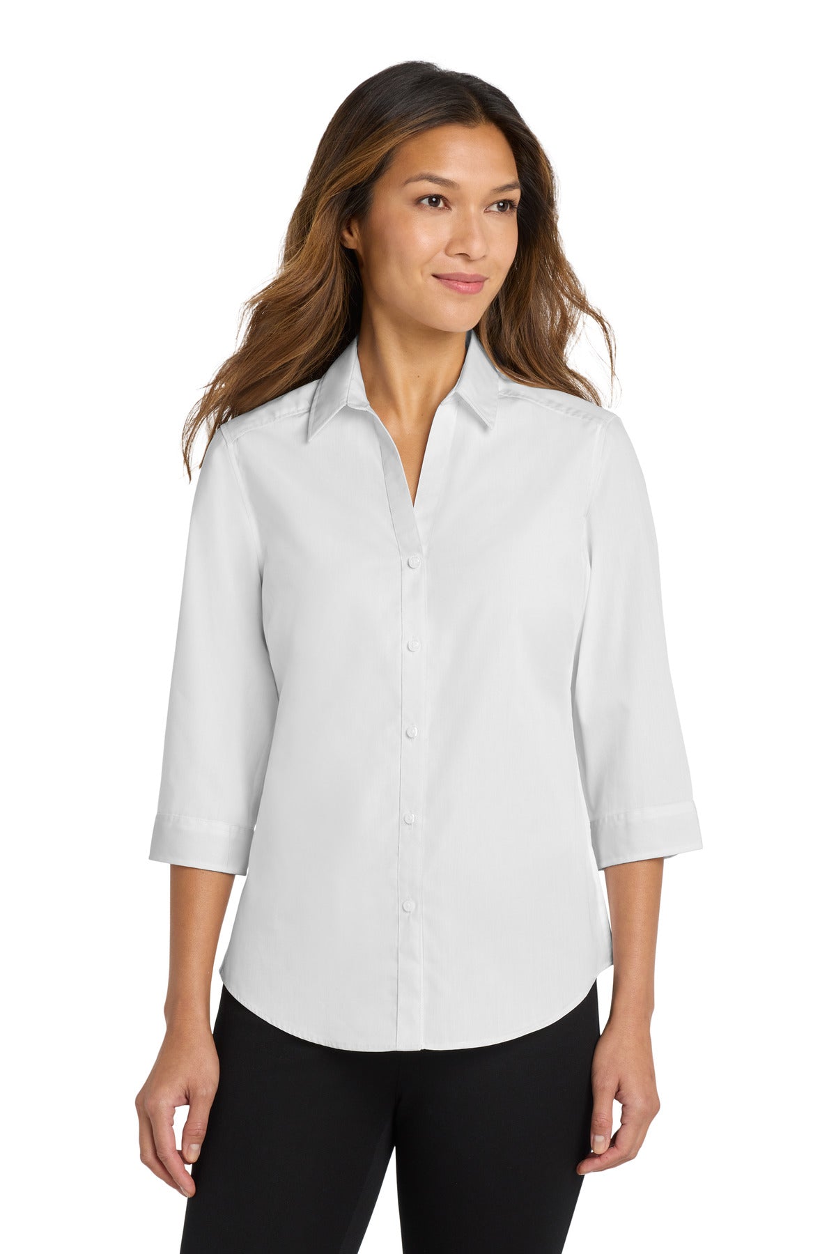 Front View of White Port Authority Women's 3/4-Sleeve Carefree Poplin Shirt. LW102