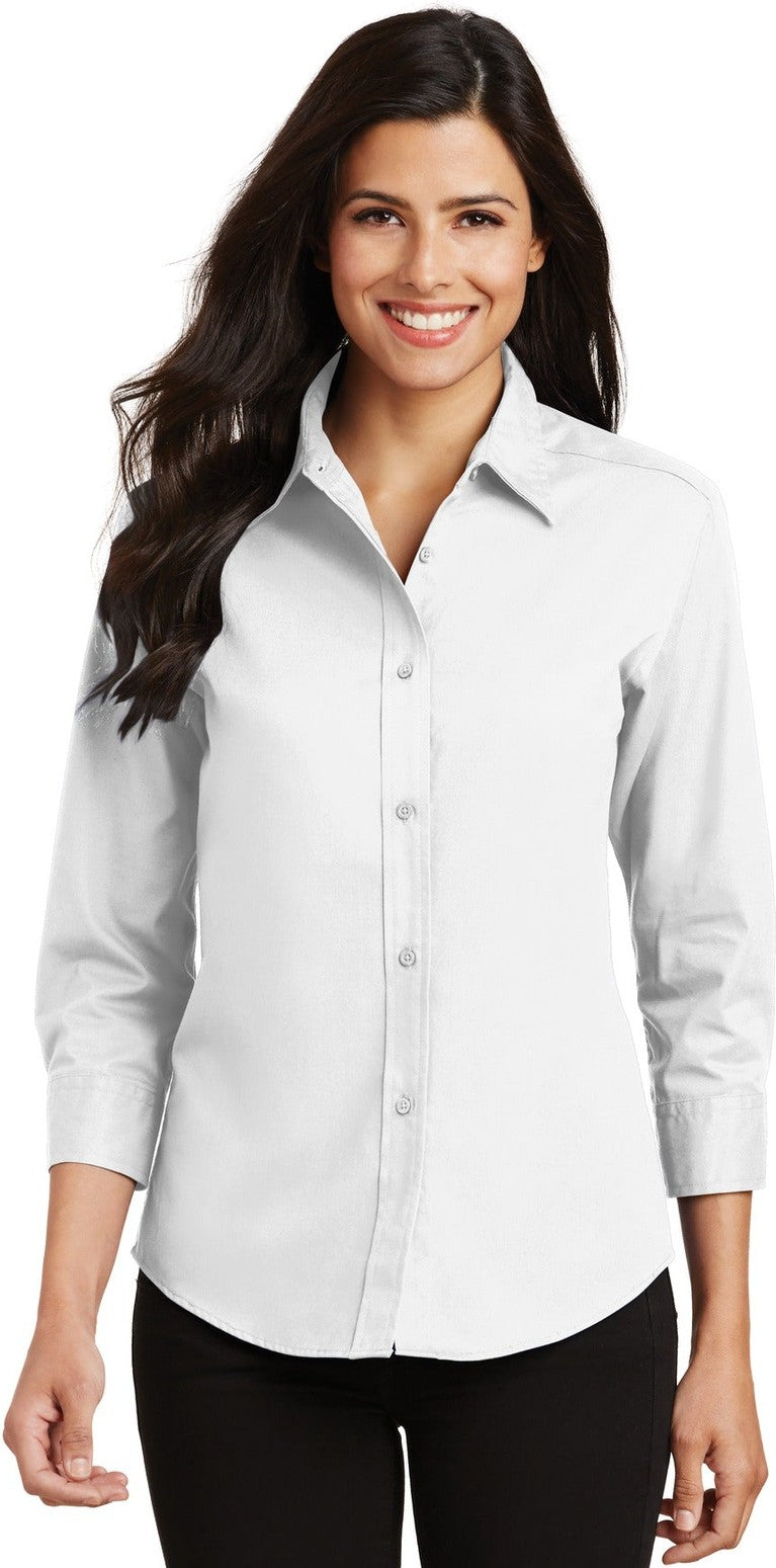 Front View of White Port Authority Women's 3/4-Sleeve Easy Care Shirt. L612