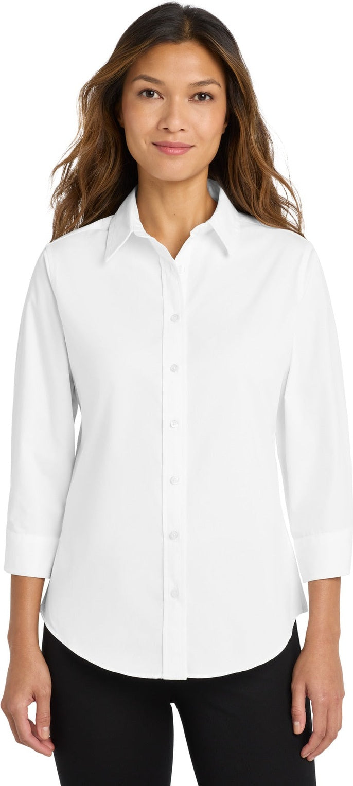 Front View of White Port Authority Women's 3/4-Sleeve Easy Care Shirt. L612