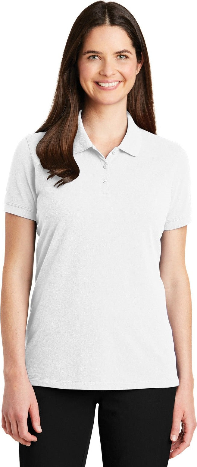 Front View of White Port Authority Women's EZCotton Polo. LK8000