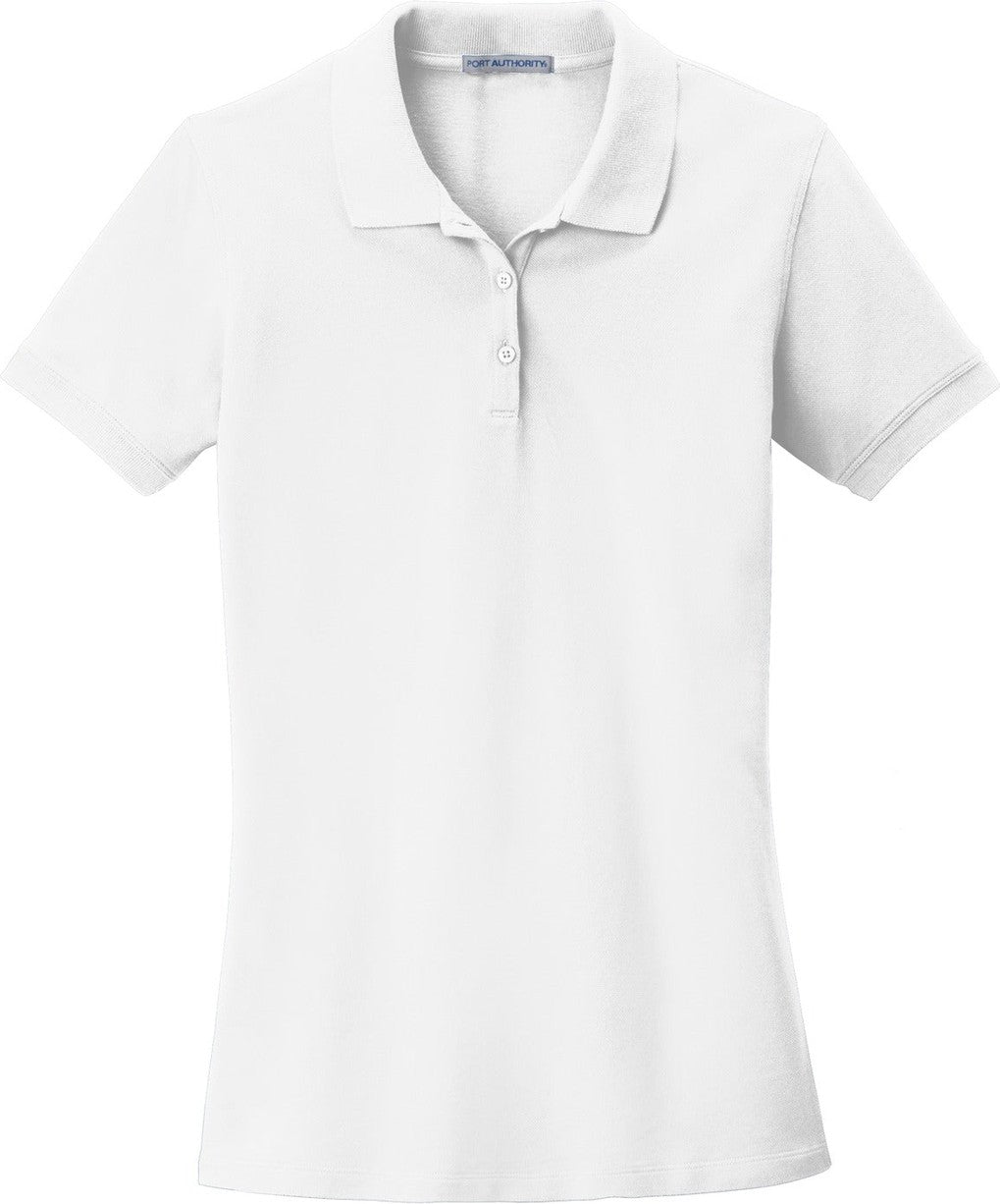 Front View of White Port Authority Women's EZCotton Polo. LK8000