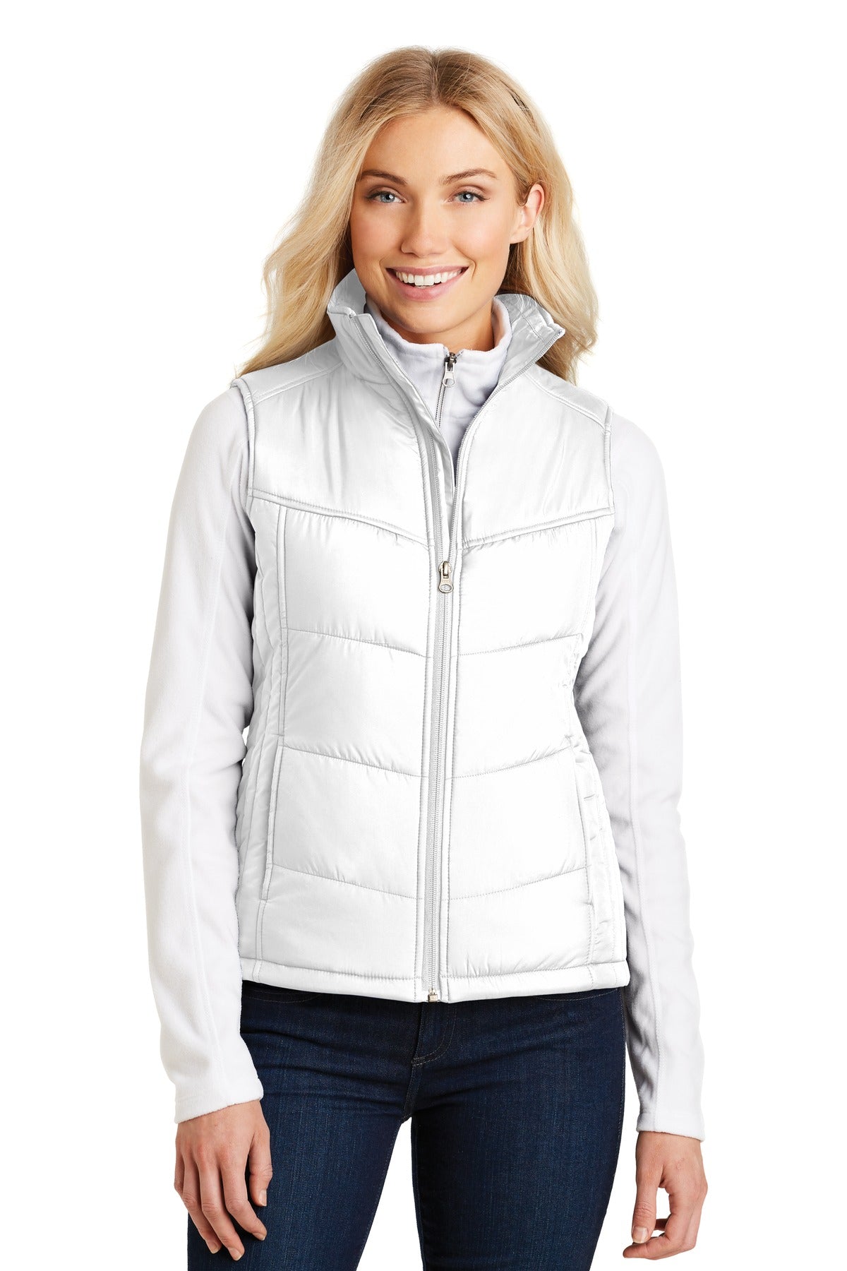 Front View of White Port Authority Women's Puffy Vest. L709