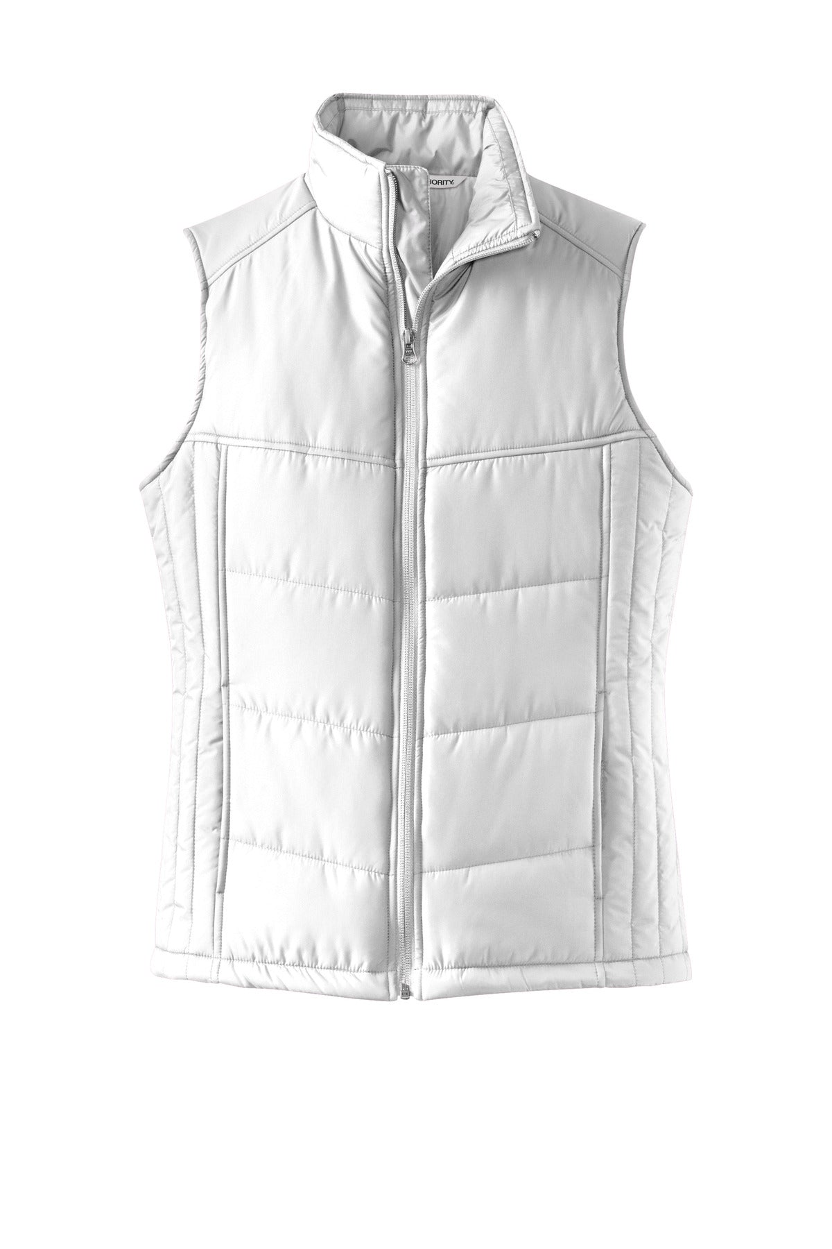 Front View of White Port Authority Women's Puffy Vest. L709