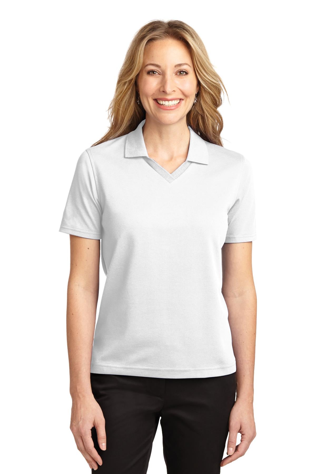 Front View of White Port Authority Women's Rapid Dry Polo. L455