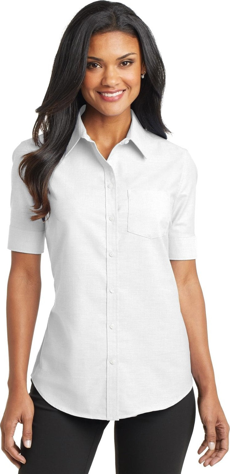 Front View of White Port Authority Women's Short Sleeve SuperPro Oxford Shirt. L659