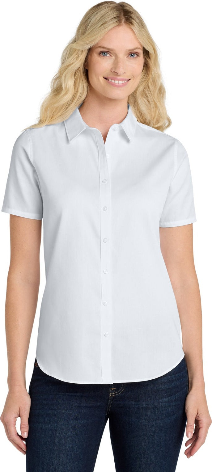 Front View of White Port Authority Women's Short Sleeve SuperPro React Twill Shirt. LW809