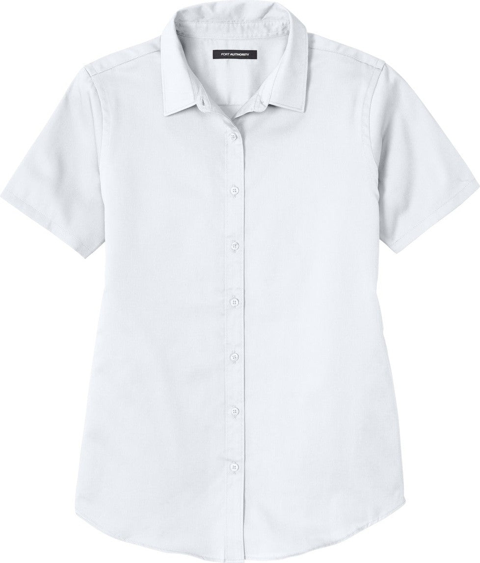 Front View of White Port Authority Women's Short Sleeve SuperPro React Twill Shirt. LW809