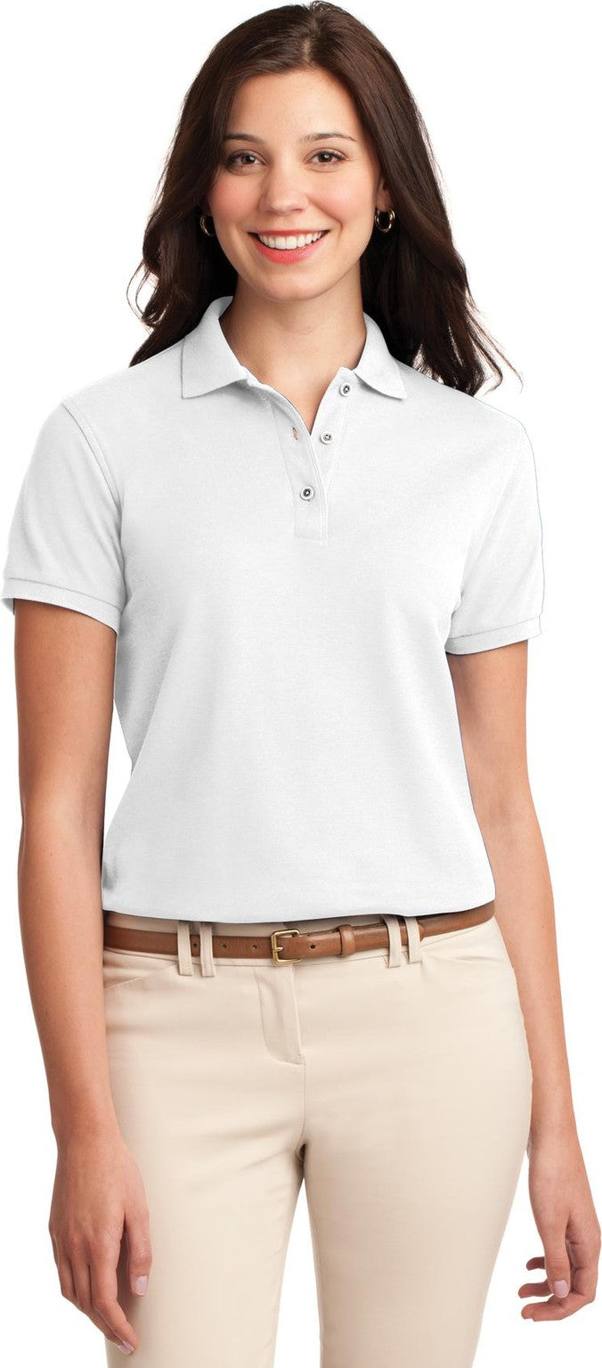 Front View of White Port Authority Women's Silk Touch Polo. L500