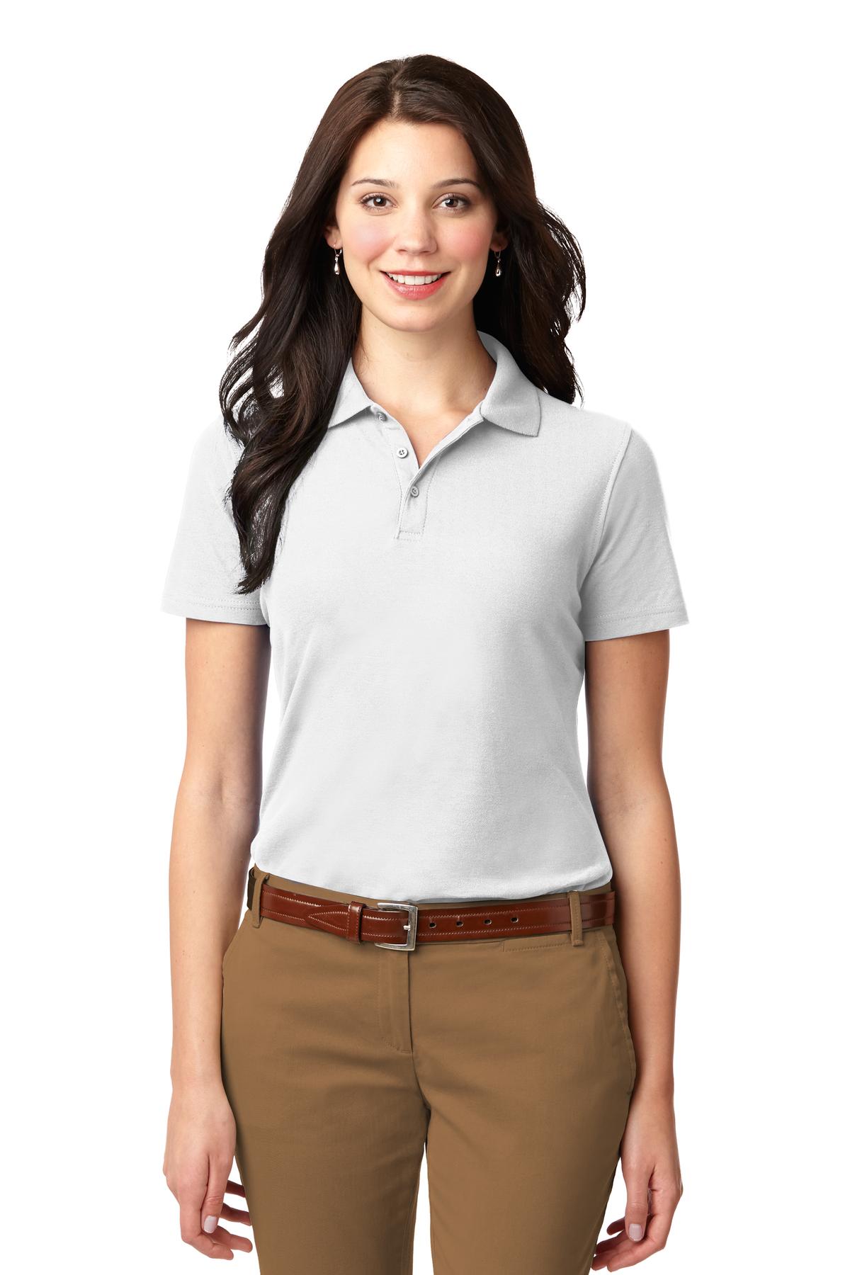 Front View of White Port Authority Women's Stain-Resistant Polo. L510