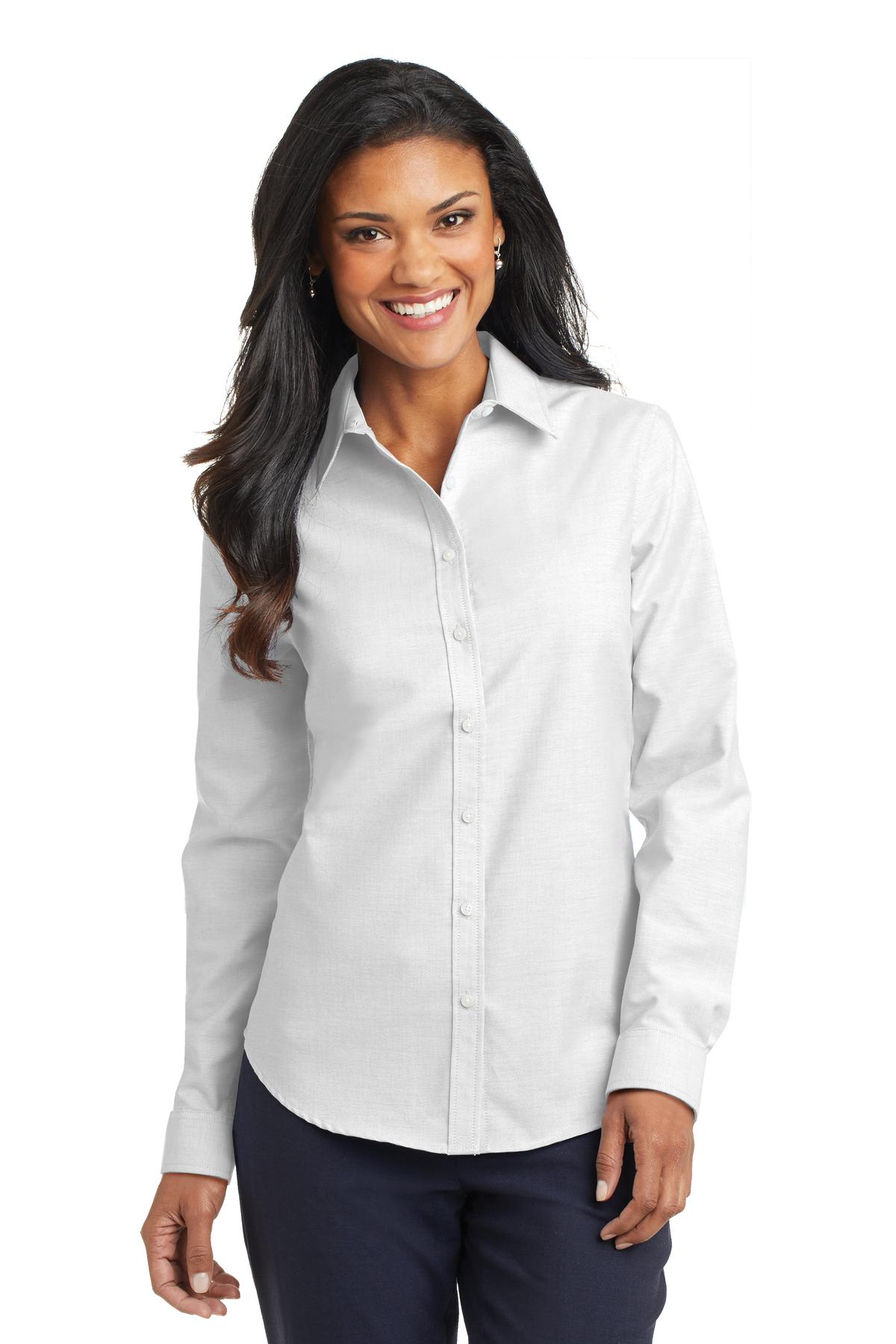 Front View of White Port Authority Women's SuperPro Oxford Shirt. L658