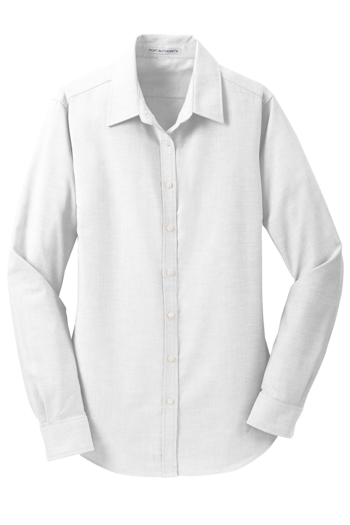 Front View of White Port Authority Women's SuperPro Oxford Shirt. L658