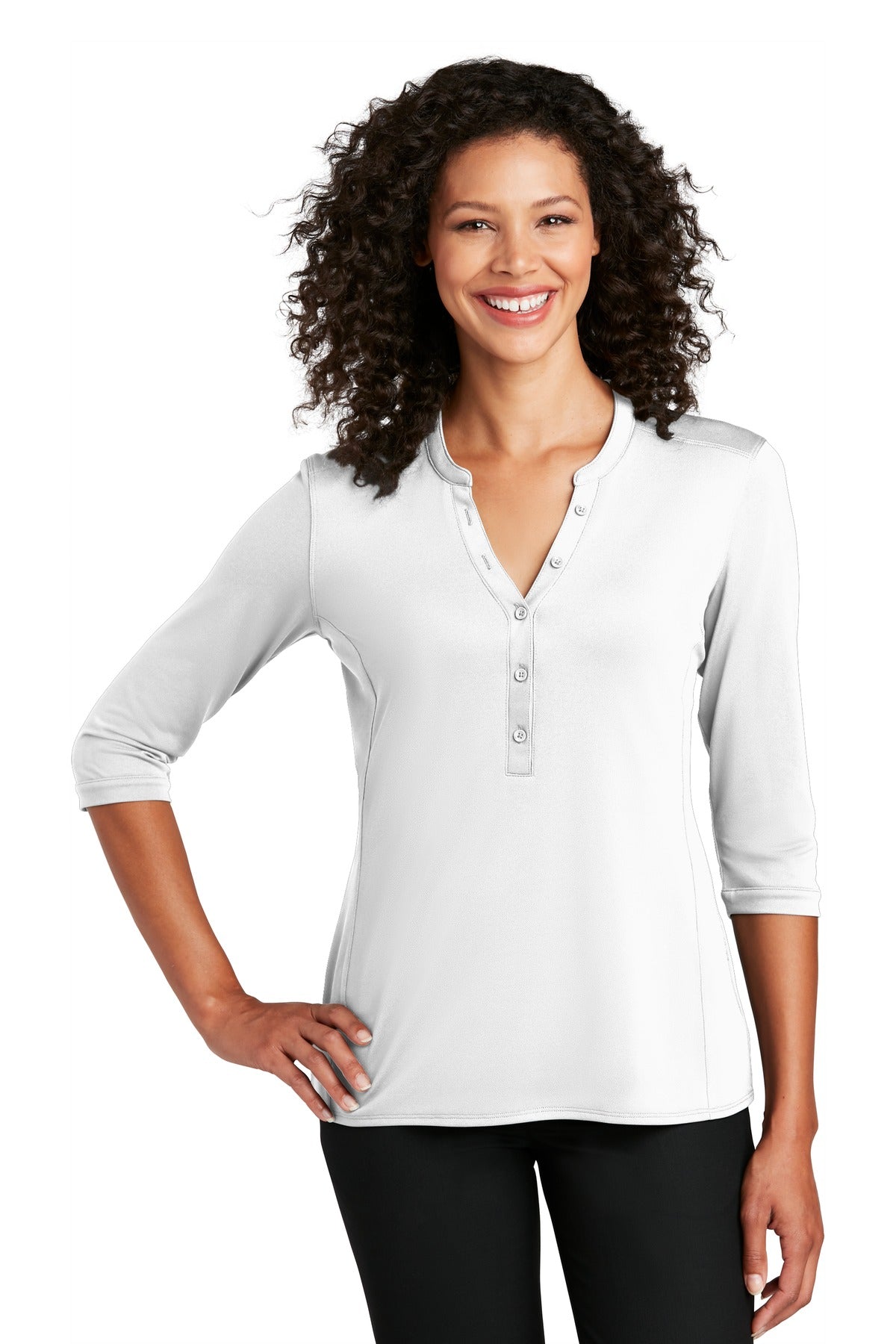 Front View of White Port Authority Women's UV Choice Pique Henley LK750