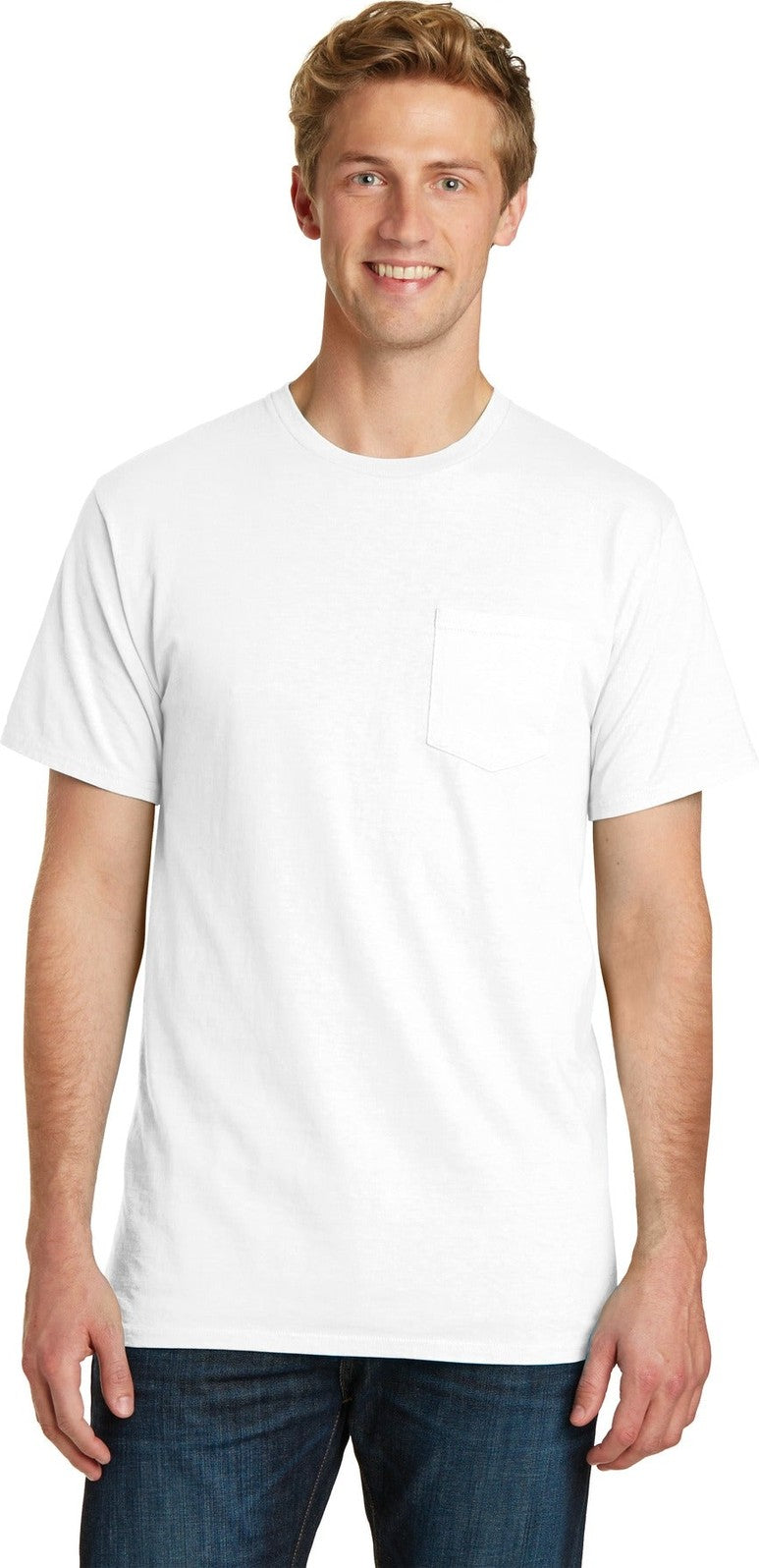 Front View of White Port & Co Beach Wash Garment-Dyed Pocket Tee. PC099P