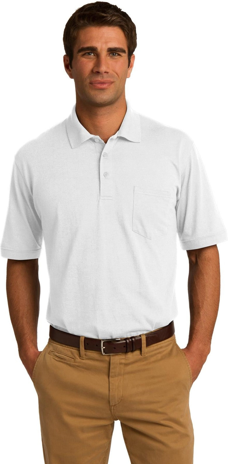 Front View of White Port & Co Core Blend Jersey Knit Pocket Polo. KP55P