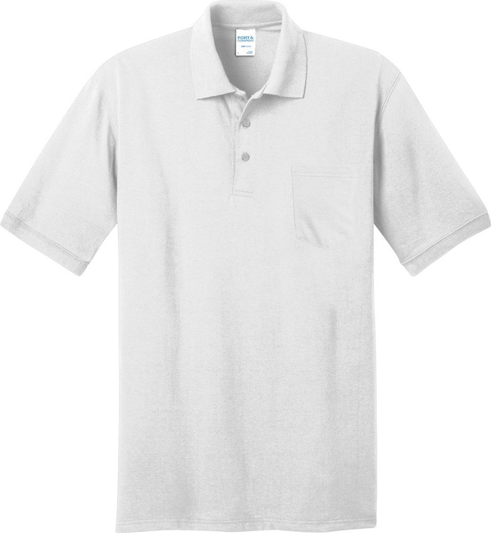 Front View of White Port & Co Core Blend Jersey Knit Pocket Polo. KP55P