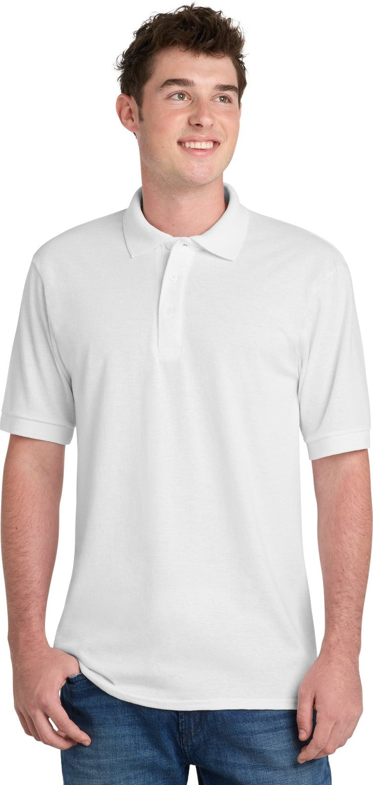 Front View of White Port & Co Core Blend Jersey Knit Polo. KP55