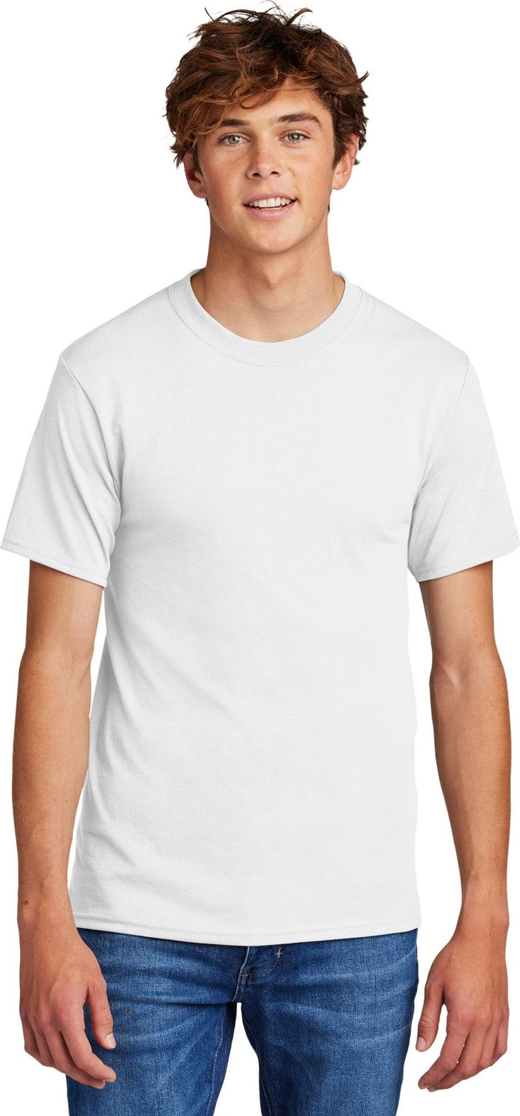 Front View of White Port & Co Core Blend Tee. PC55