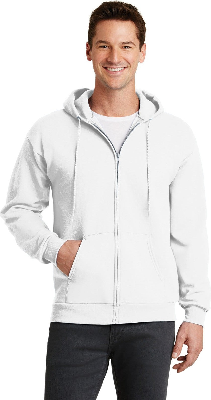 Front View of White Port & Co Core Fleece Full-Zip Hooded Sweatshirt. PC78ZH