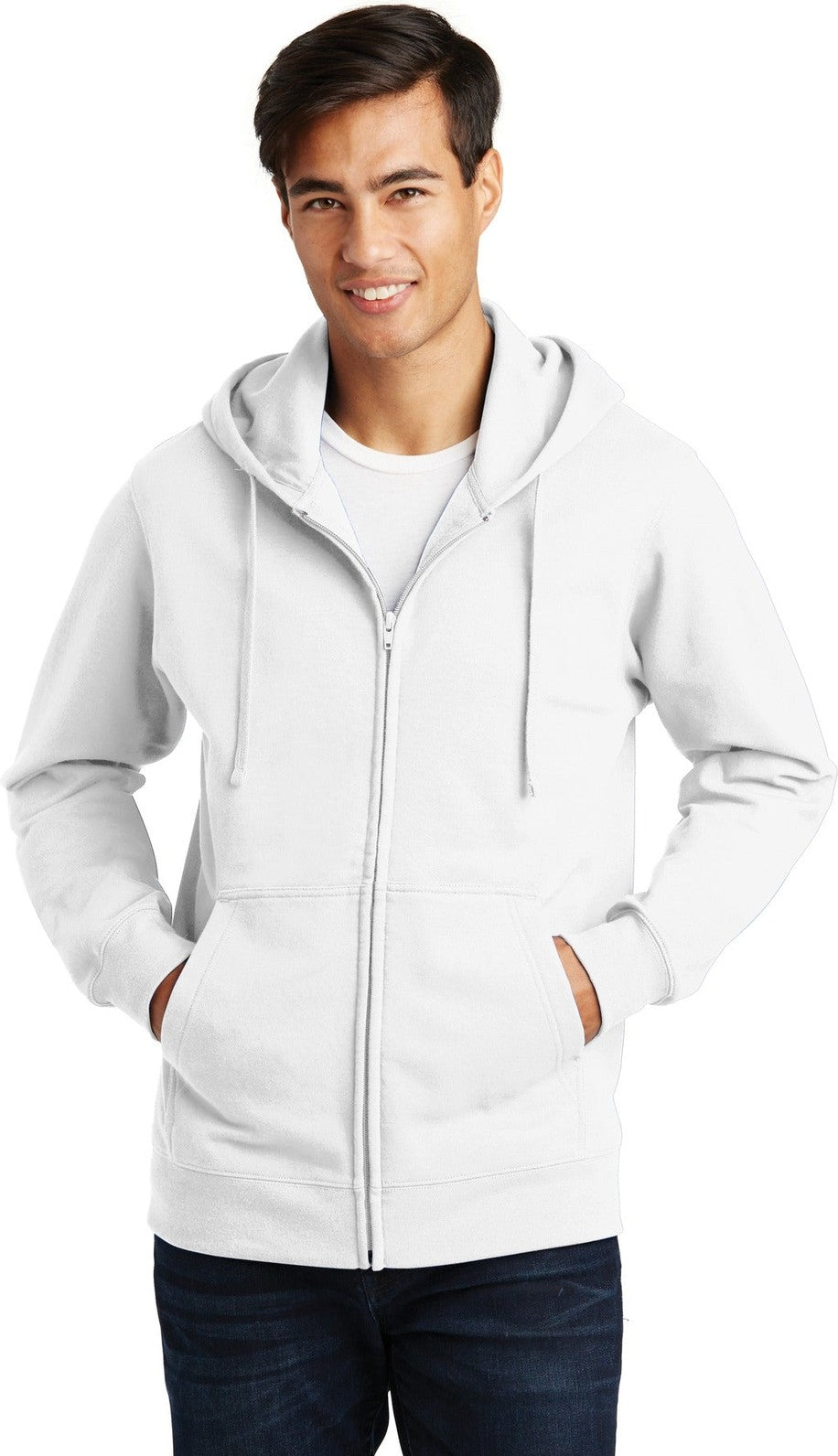 Front View of White Port & Co Fan Favorite Fleece Full-Zip Hooded Sweatshirt. PC850ZH