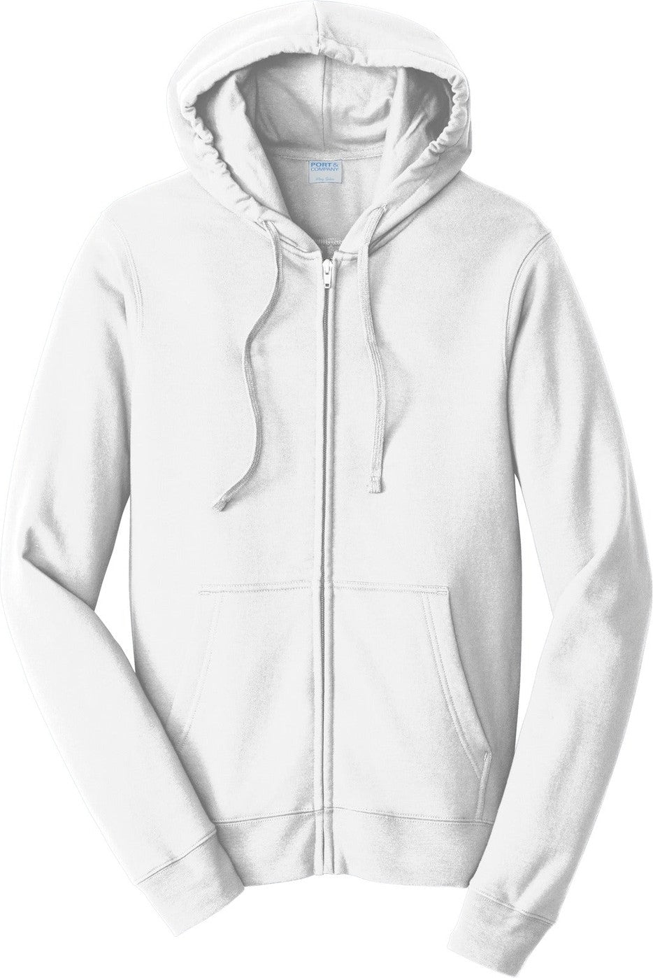 Front View of White Port & Co Fan Favorite Fleece Full-Zip Hooded Sweatshirt. PC850ZH