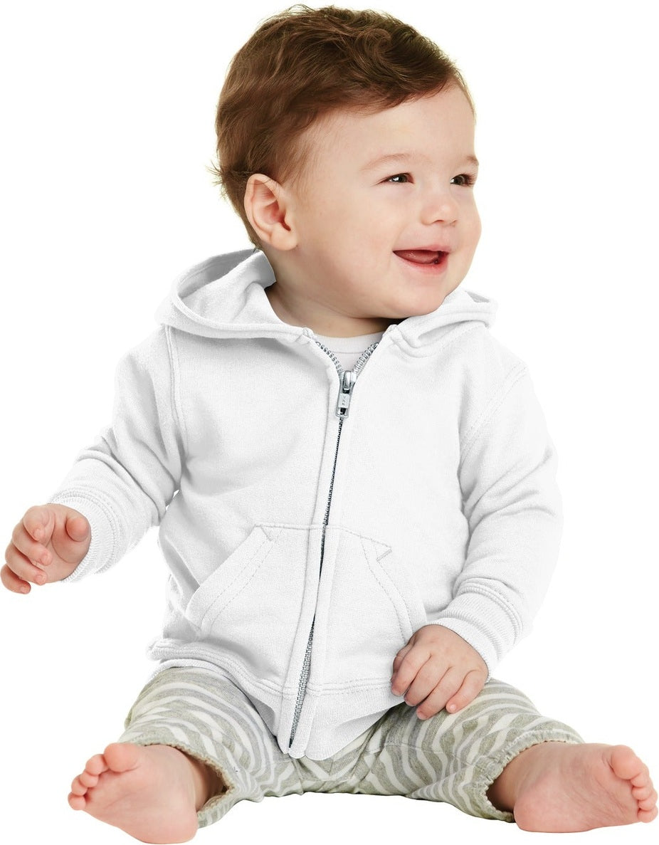 Front View of White Port & Co Infant Core Fleece Full-Zip Hooded Sweatshirt. CAR78IZH