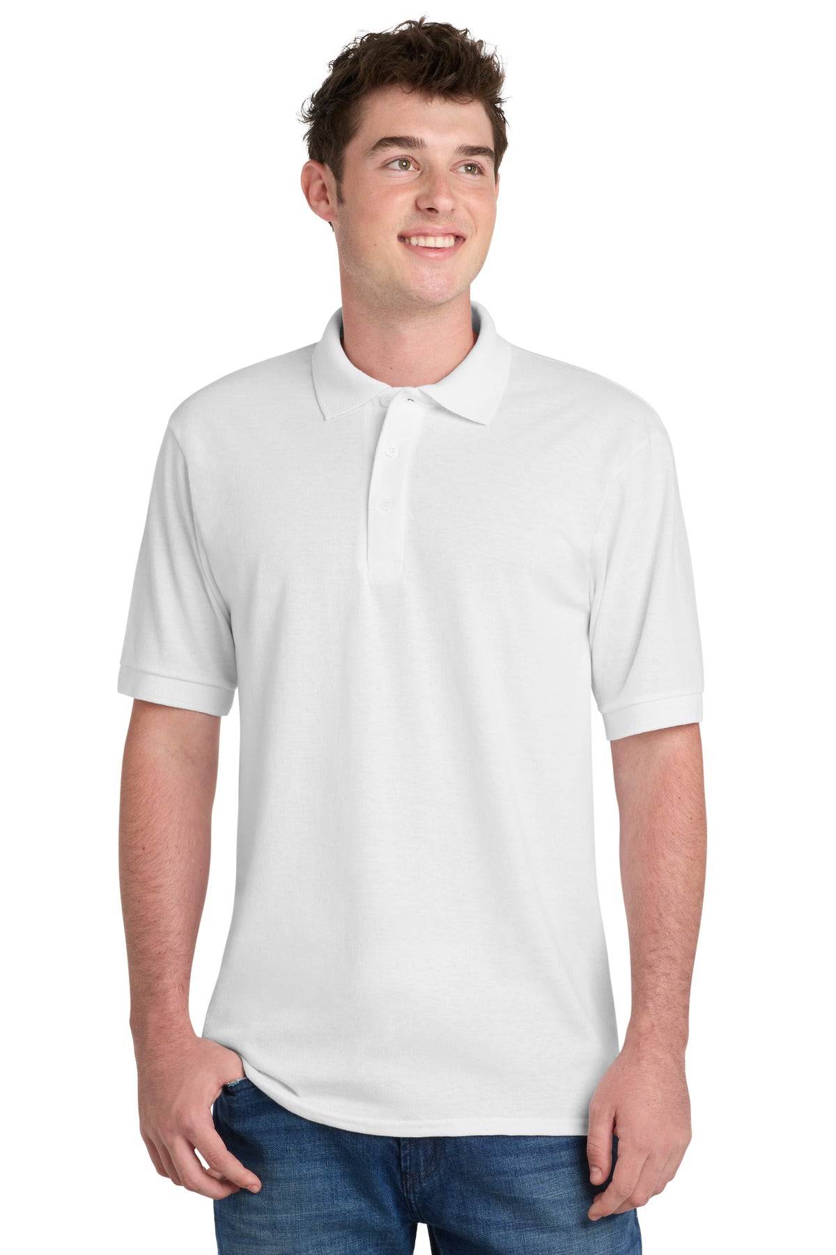 Front View of White Port & Co Tall Core Blend Jersey Knit Polo. KP55T