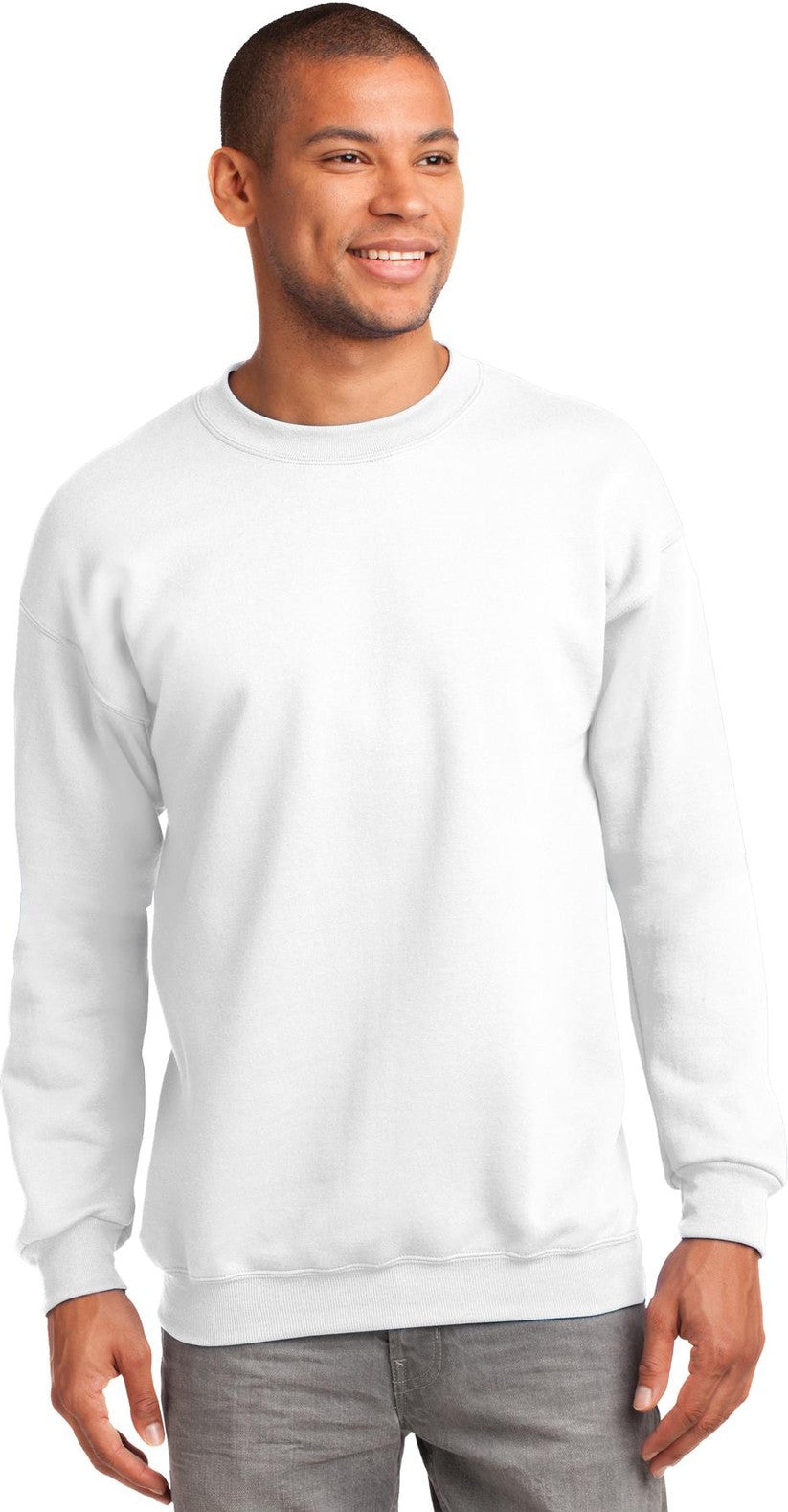 Front View of White Port & Co Tall Essential Fleece Crewneck Sweatshirt. PC90T