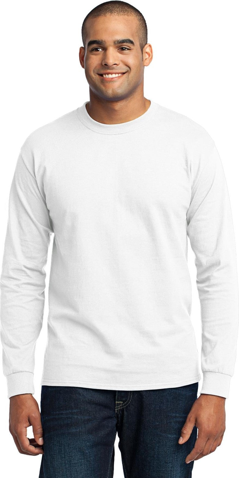 Front View of White Port & Co Tall Long Sleeve Core Blend Tee. PC55LST