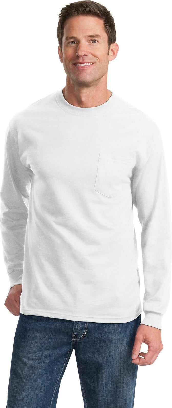Front View of White Port & Co Tall Long Sleeve Essential Pocket Tee. PC61LSPT
