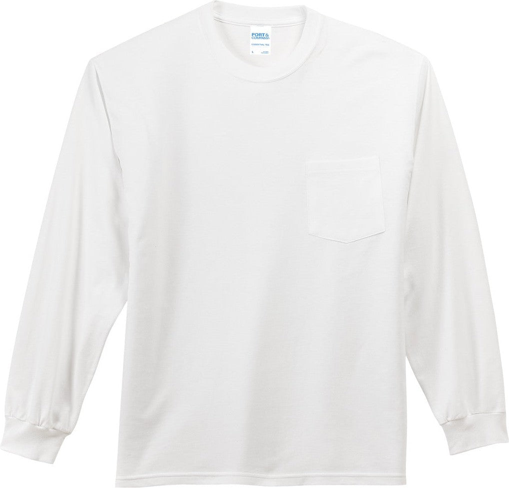 Front View of White Port & Co Tall Long Sleeve Essential Pocket Tee. PC61LSPT
