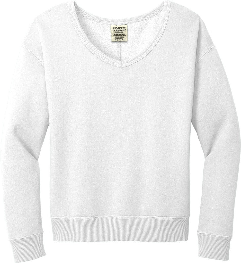 Front View of White Port & Co Women's Beach Wash Garment-Dyed V-Neck Sweatshirt LPC098V