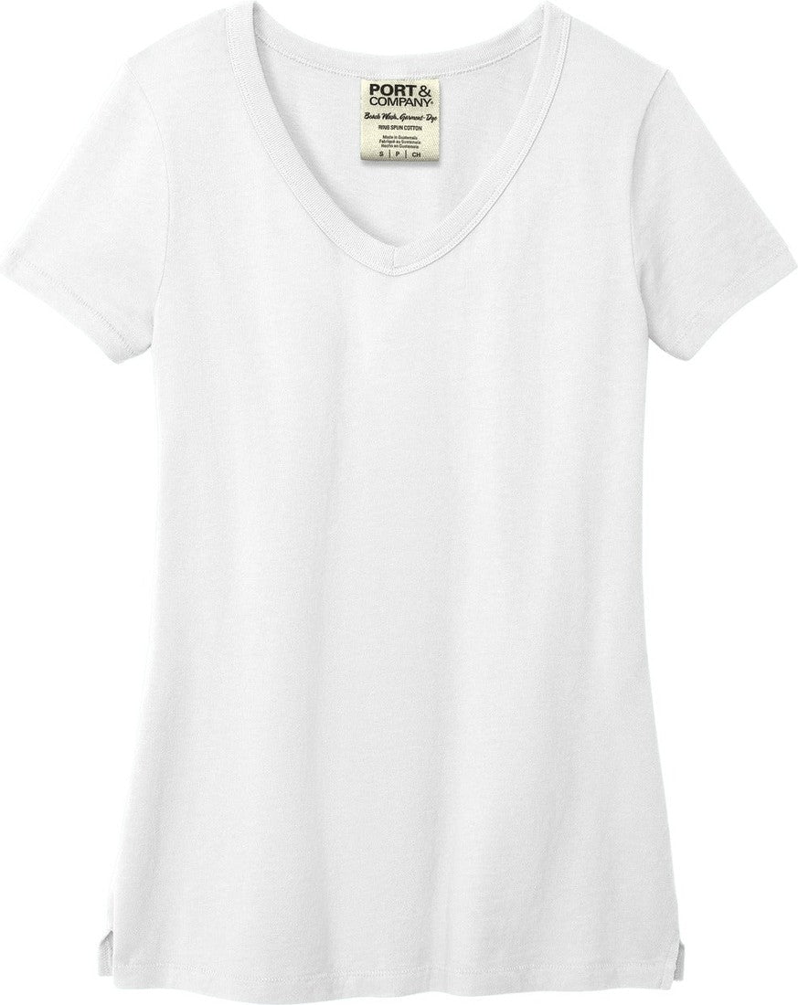 Front View of White Port & Co Women's Beach Wash Garment-Dyed V-Neck Tee LPC099V