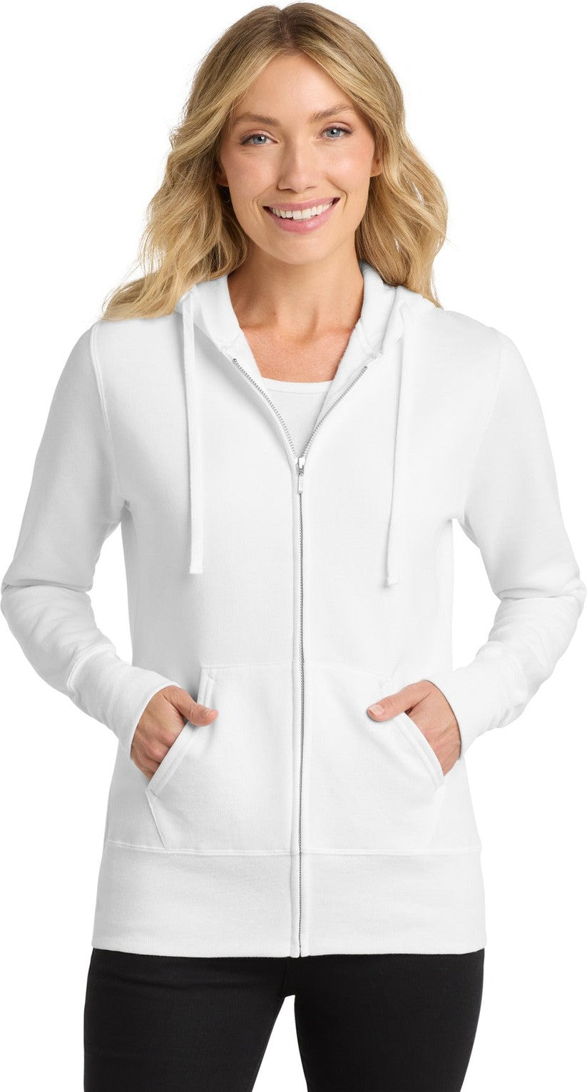 Front View of White Port & Co Women's Core Fleece Full-Zip Hooded Sweatshirt. LPC78ZH