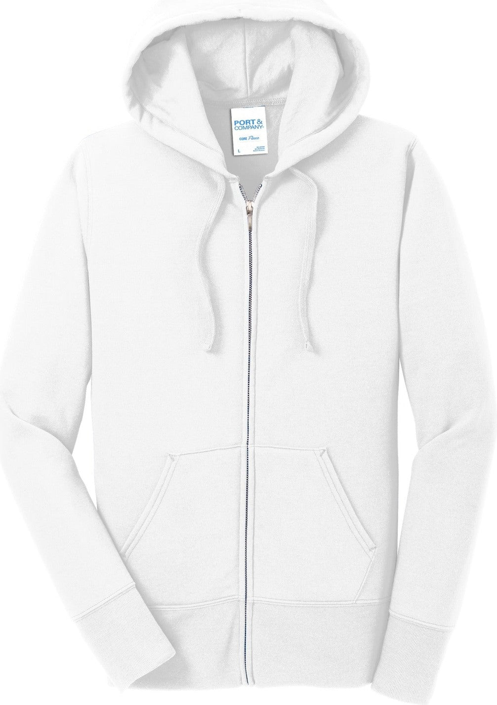 Front View of White Port & Co Women's Core Fleece Full-Zip Hooded Sweatshirt. LPC78ZH