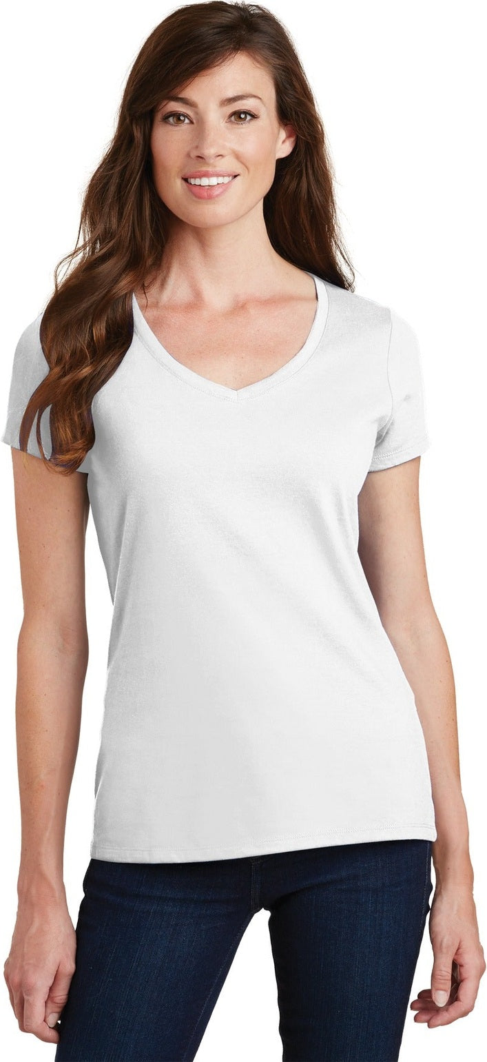 Front View of White Port & Co Women's Fan Favorite V-Neck Tee. LPC450V