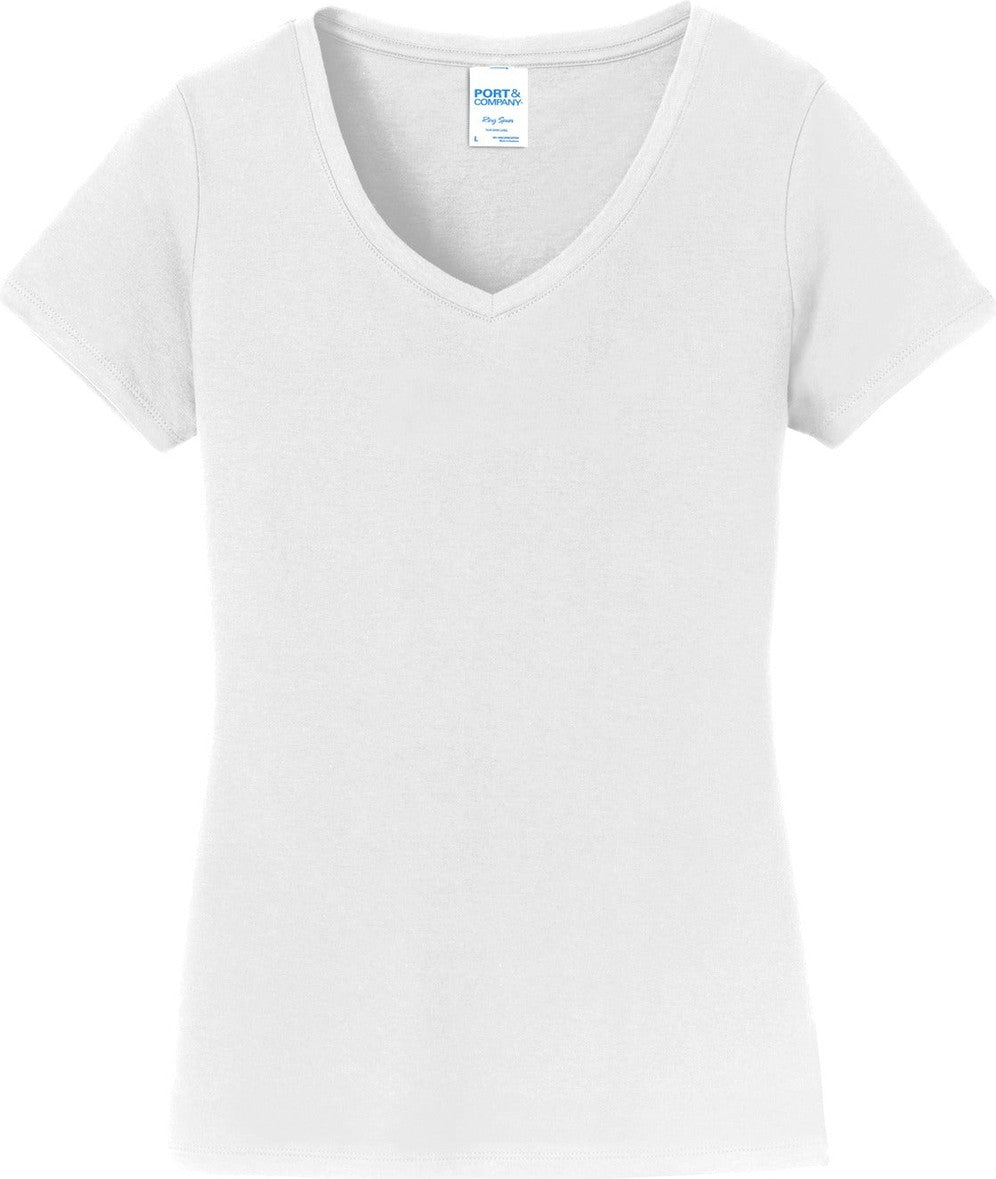 Front View of White Port & Co Women's Fan Favorite V-Neck Tee. LPC450V